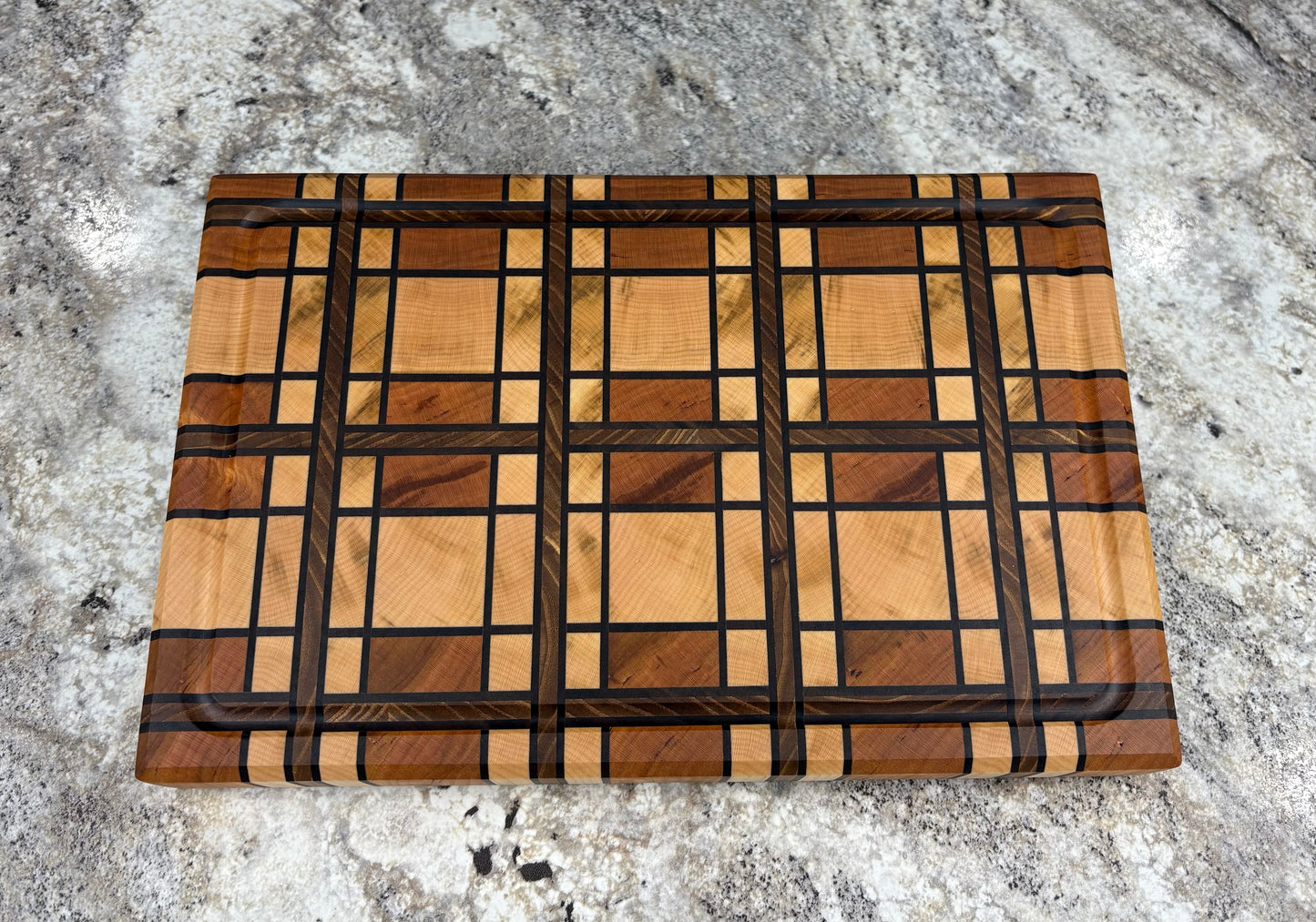 CHERRY AND MAPLE, WALNUT AND RED ELM STRIPS, PLAID END GRAIN BOARD