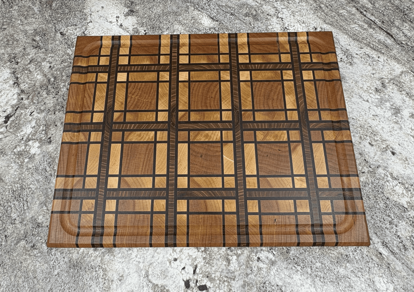 CHERRY AND MAPLE, WALNUT AND RED ELM STRIPS, PLAID END GRAIN BOARD