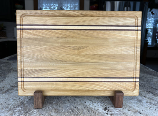 Edge Grain Cutting Board, Made From Red Elm With Two Maple And Walnut Accent strips