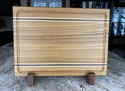 Edge Grain Cutting Board, Made From Red Elm With Two Walnut And Maple Accent Strips