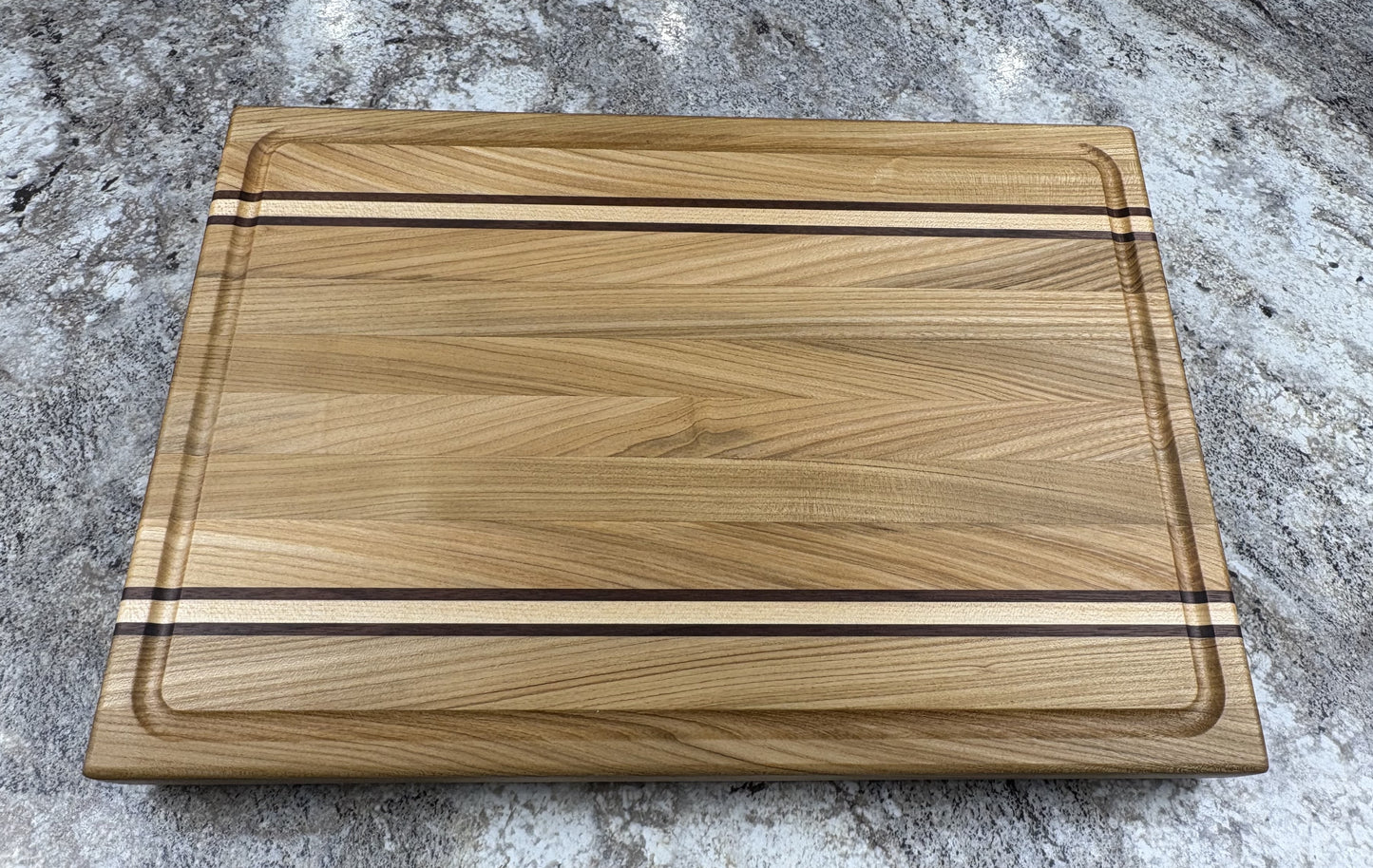 Edge Grain Cutting Board, Made From Red Elm With Two Maple And Walnut Accent strips