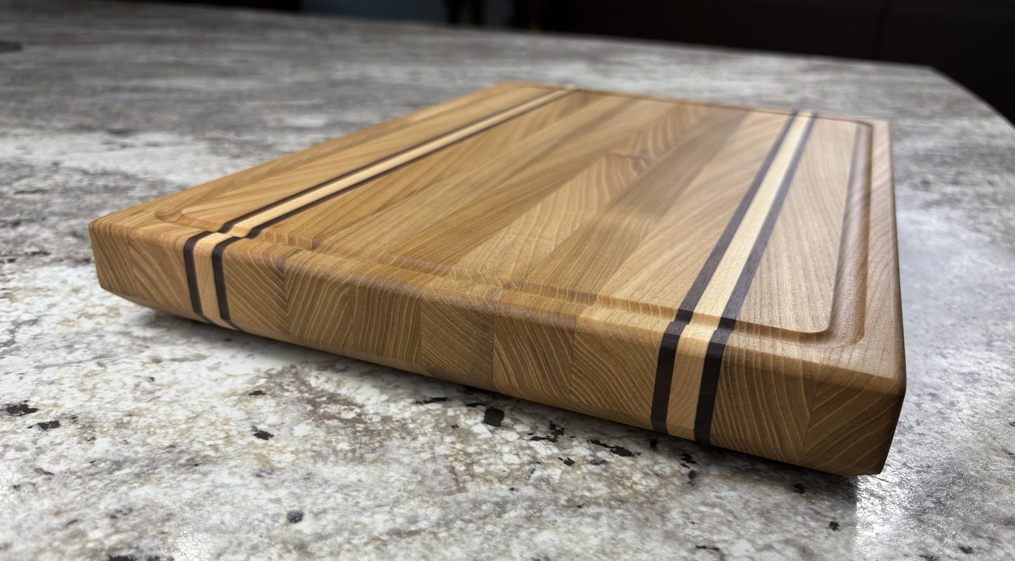 Edge Grain Cutting Board, Made From Red Elm With Two Maple And Walnut Accent strips