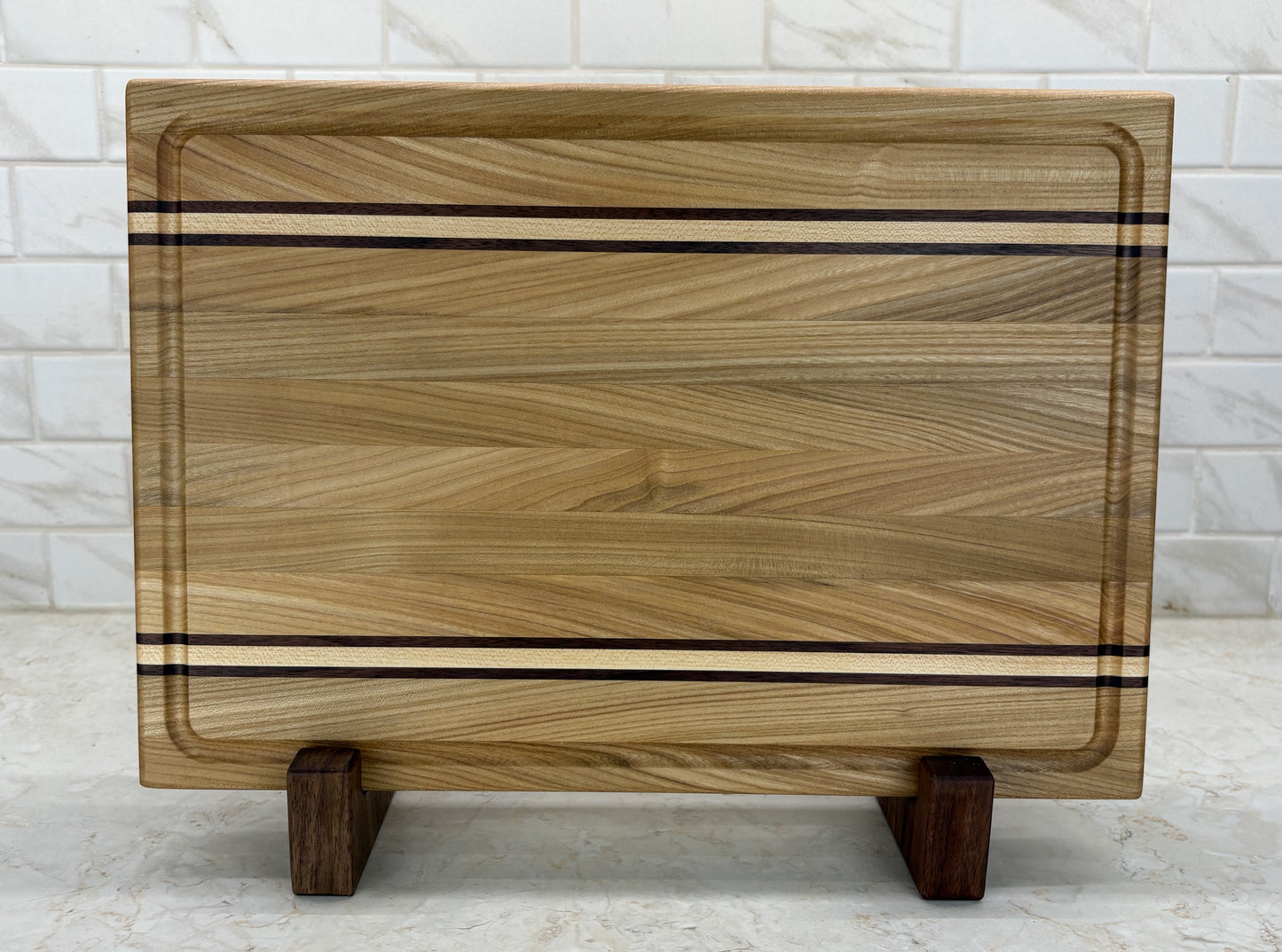 Edge Grain Cutting Board, Made From Red Elm With Two Maple And Walnut Accent strips