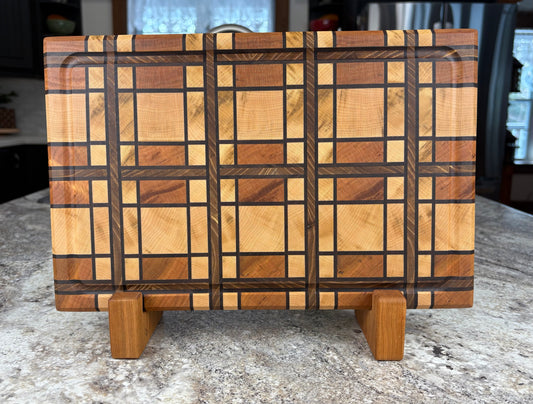 CHERRY AND MAPLE, WALNUT AND RED ELM STRIPS, PLAID END GRAIN BOARD