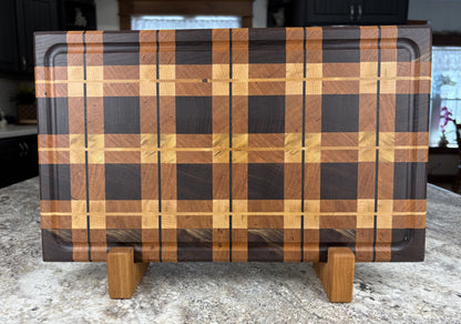 WALNUT, CHERRY AND MAPLE PLAID END GRAIN CUTTING BOARD