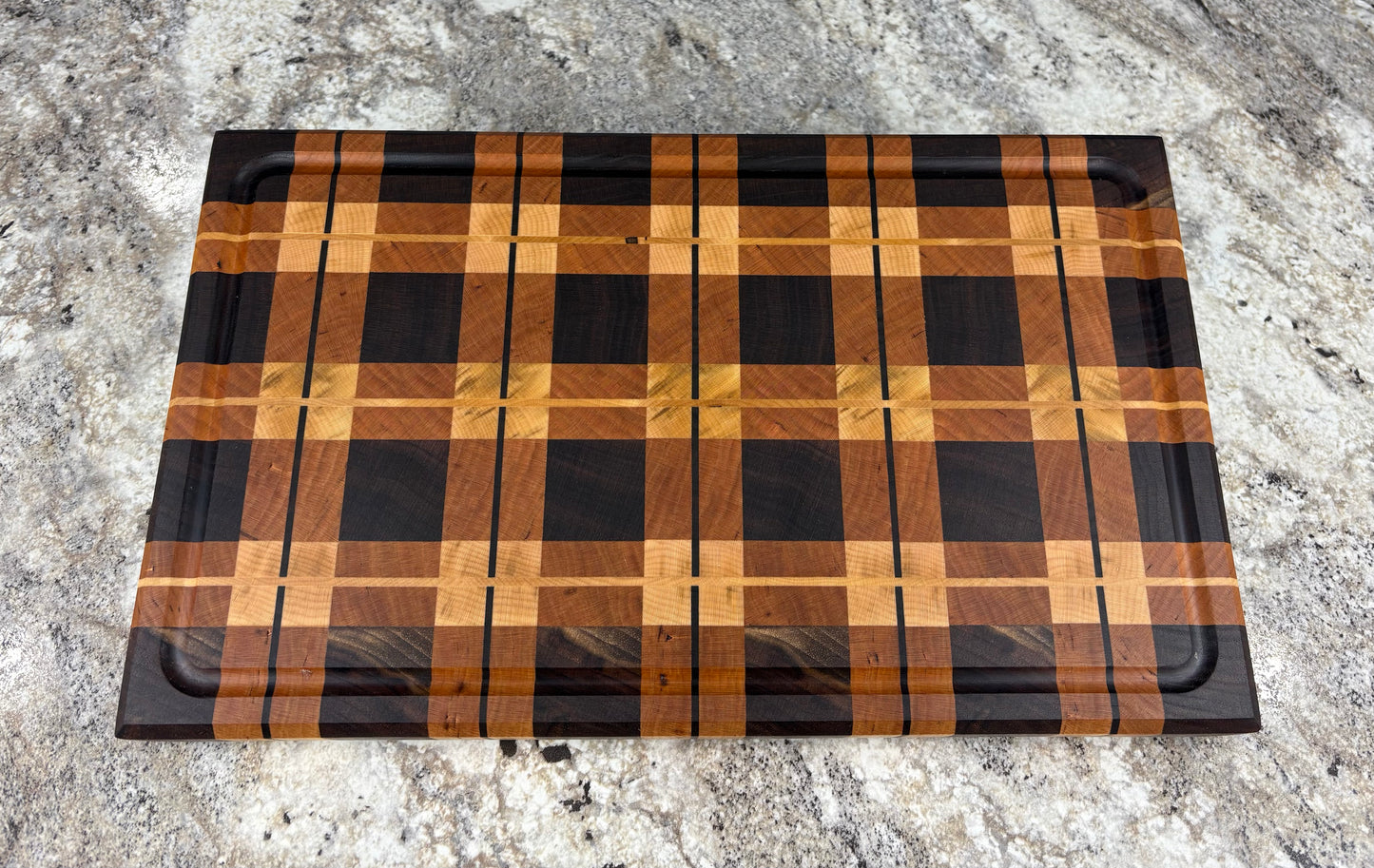 WALNUT, CHERRY AND MAPLE PLAID END GRAIN CUTTING BOARD