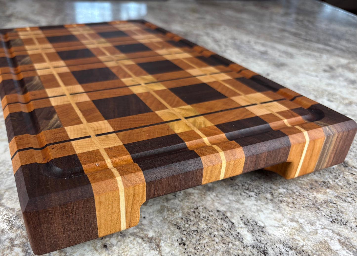 WALNUT, CHERRY AND MAPLE PLAID END GRAIN CUTTING BOARD