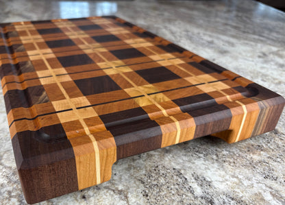 WALNUT, CHERRY AND MAPLE PLAID END GRAIN CUTTING BOARD