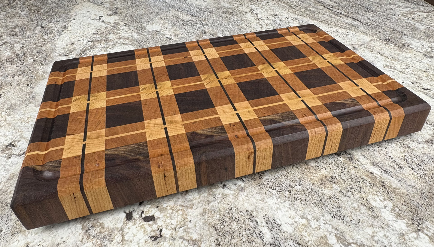 WALNUT, CHERRY AND MAPLE PLAID END GRAIN CUTTING BOARD