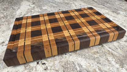 WALNUT, CHERRY AND MAPLE PLAID END GRAIN CUTTING BOARD