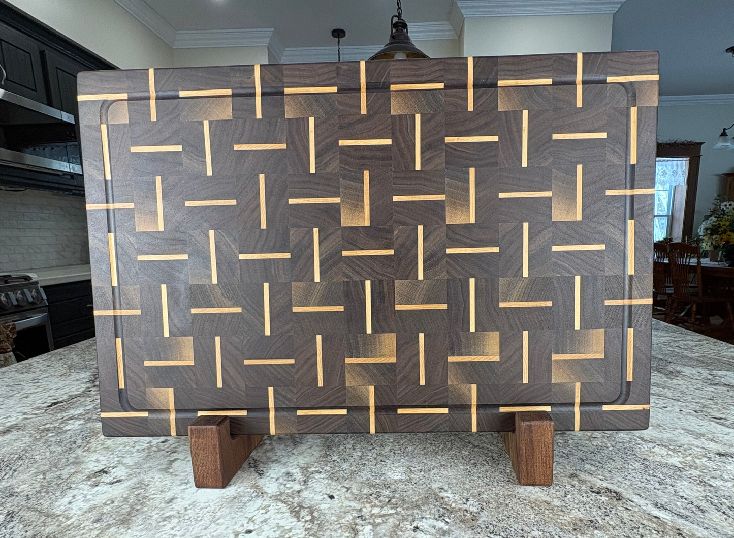 WALNUT WITH ALTERNATING MAPLE STRIPS END GRAIN CUTTING BOARD
