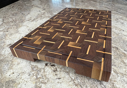WALNUT WITH ALTERNATING MAPLE STRIPS END GRAIN CUTTING BOARD