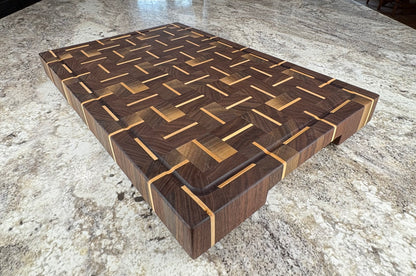 WALNUT WITH ALTERNATING MAPLE STRIPS END GRAIN CUTTING BOARD