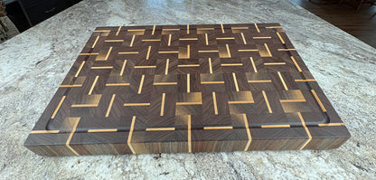 WALNUT WITH ALTERNATING MAPLE STRIPS END GRAIN CUTTING BOARD