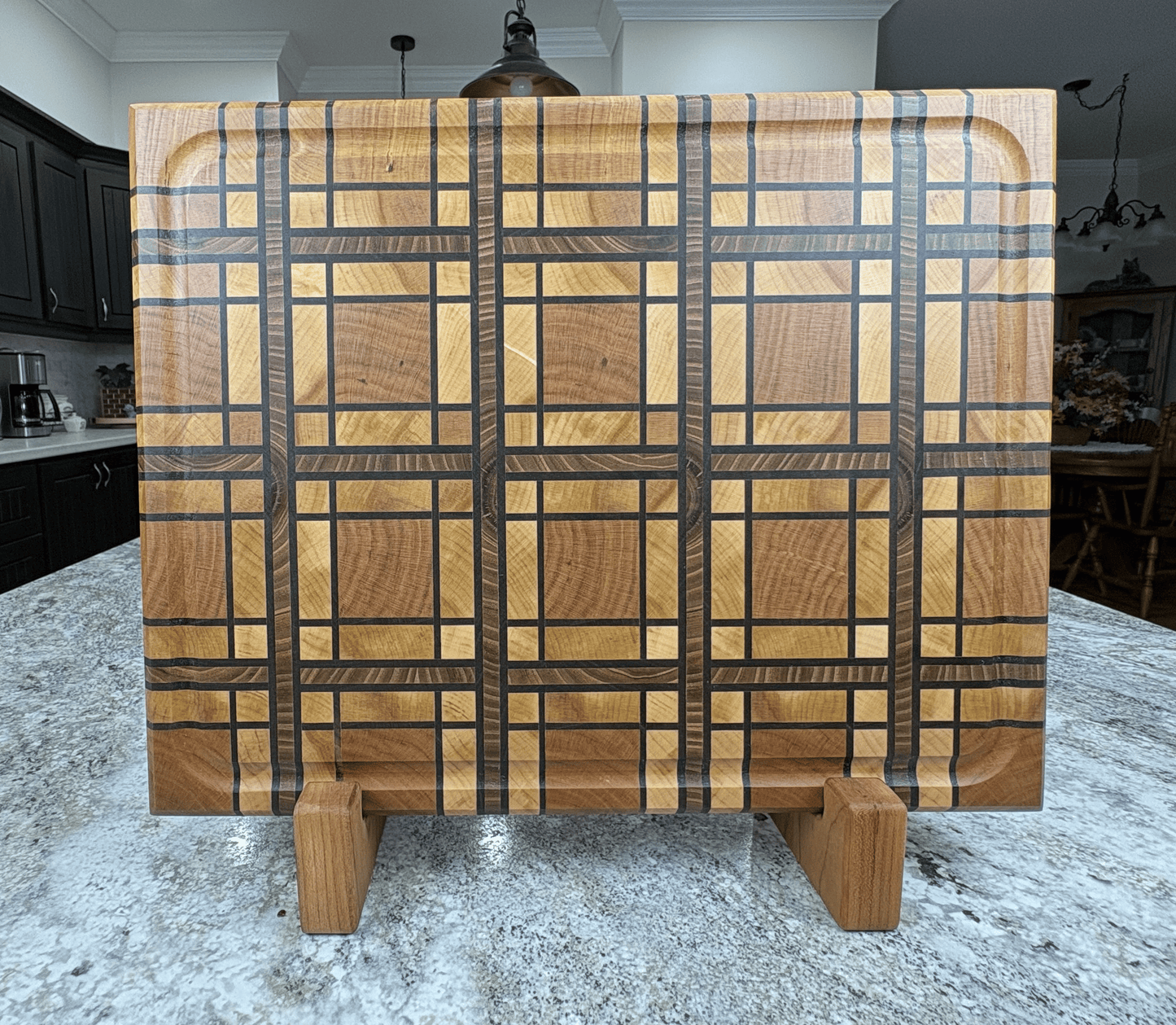 CHERRY AND MAPLE, WALNUT AND RED ELM STRIPS, PLAID END GRAIN BOARD