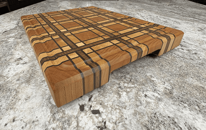 CHERRY AND MAPLE, WALNUT AND RED ELM STRIPS, PLAID END GRAIN BOARD