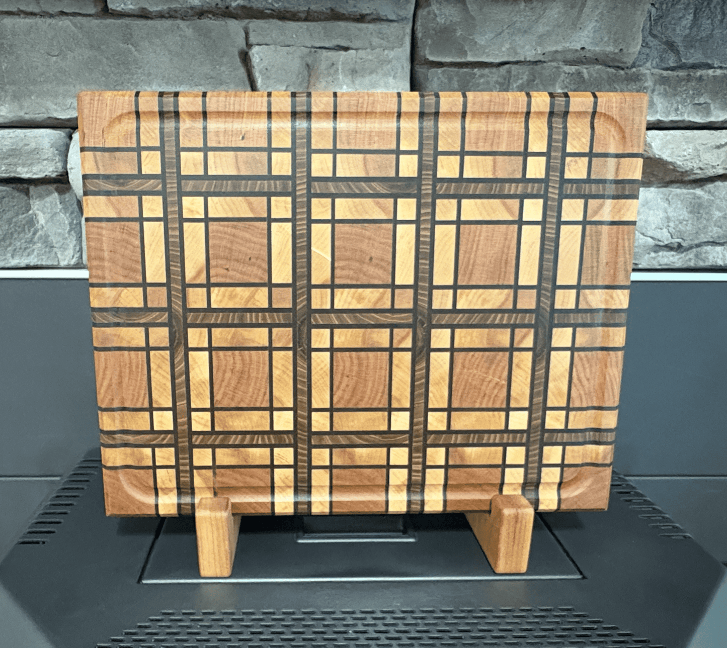 CHERRY AND MAPLE, WALNUT AND RED ELM STRIPS, PLAID END GRAIN BOARD