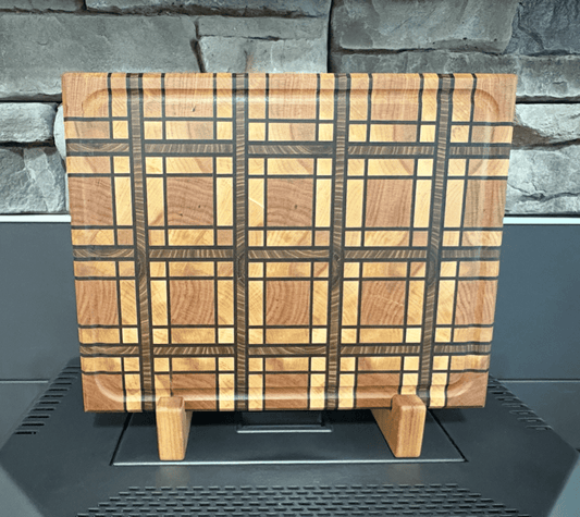 CHERRY AND MAPLE, WALNUT AND RED ELM STRIPS, PLAID END GRAIN BOARD