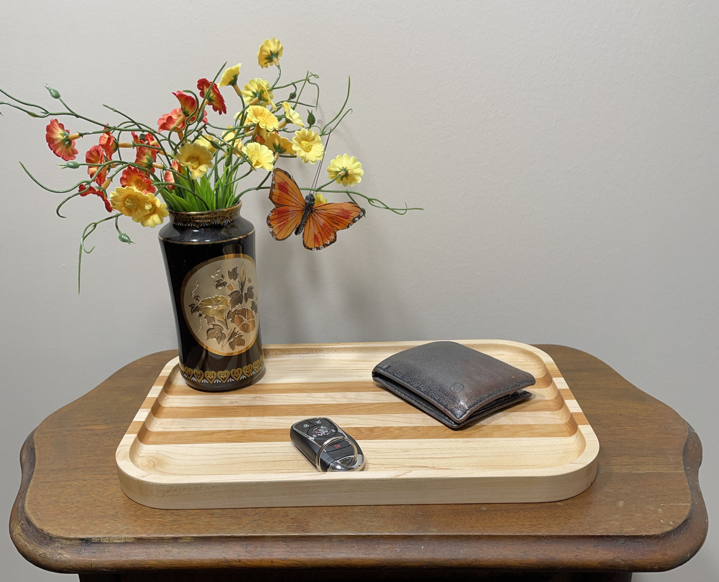 Wooden Rectangular Catch All Tray Maple with Accent Strips - Walnut, Cherry or Hickory