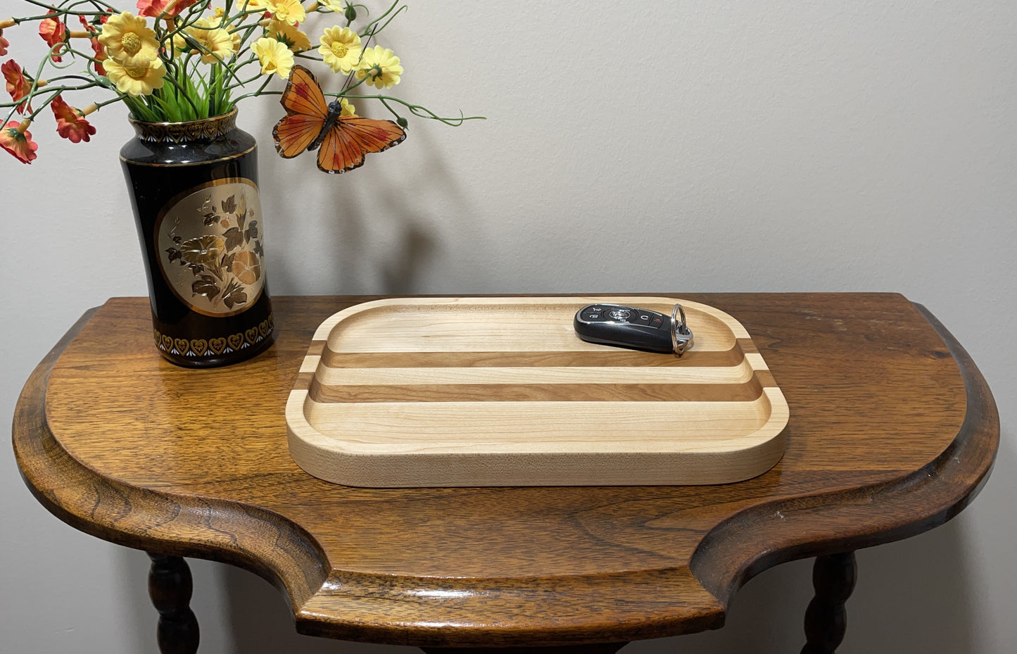 Wooden Rectangular Catch All Tray Maple with Accent Strips - Walnut, Cherry or Hickory