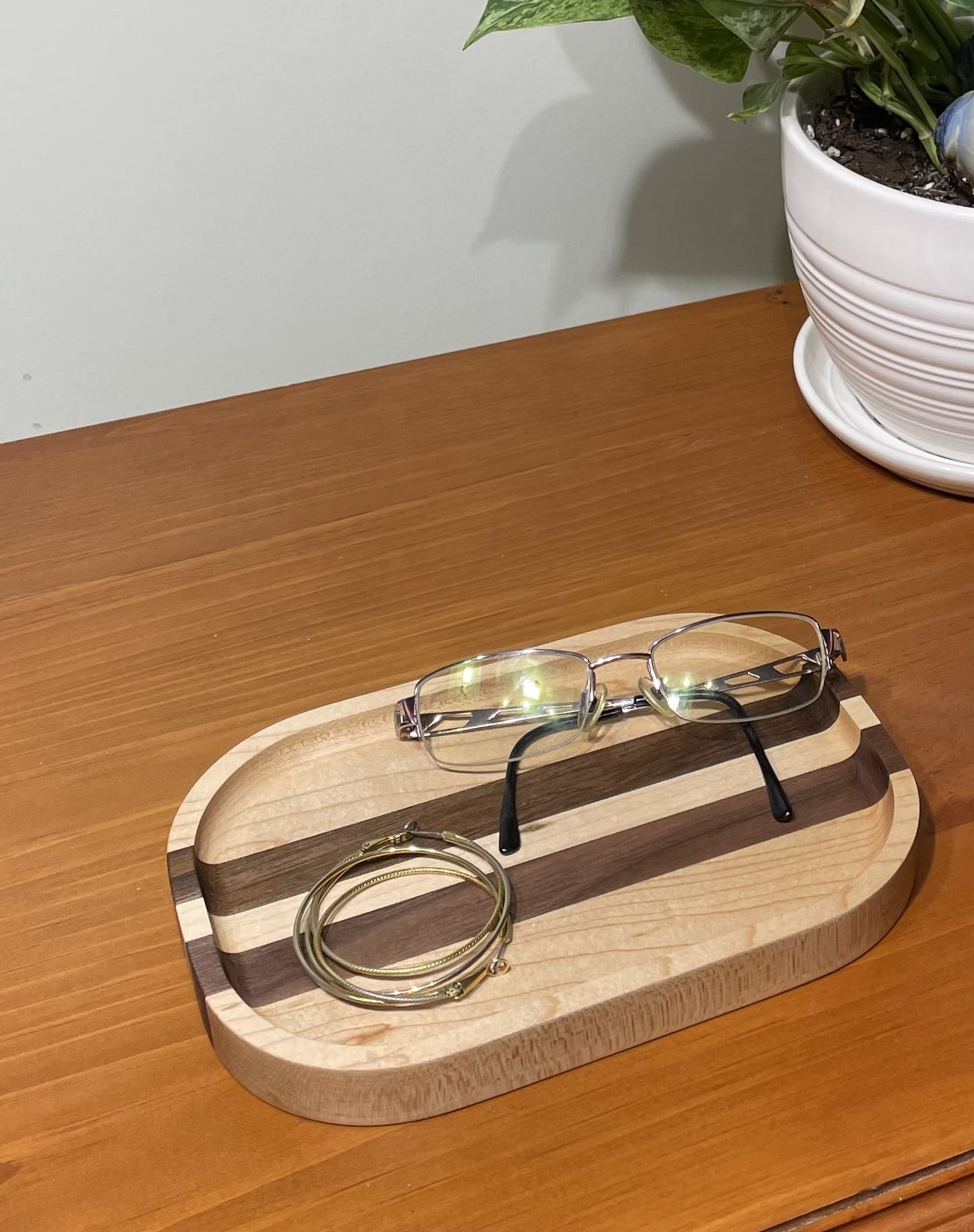 Wooden Rectangular Catch All Tray Maple with Accent Strips - Walnut, Cherry or Hickory