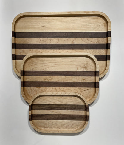 Wooden Rectangular Catch All Tray Maple with Accent Strips - Walnut, Cherry or Hickory