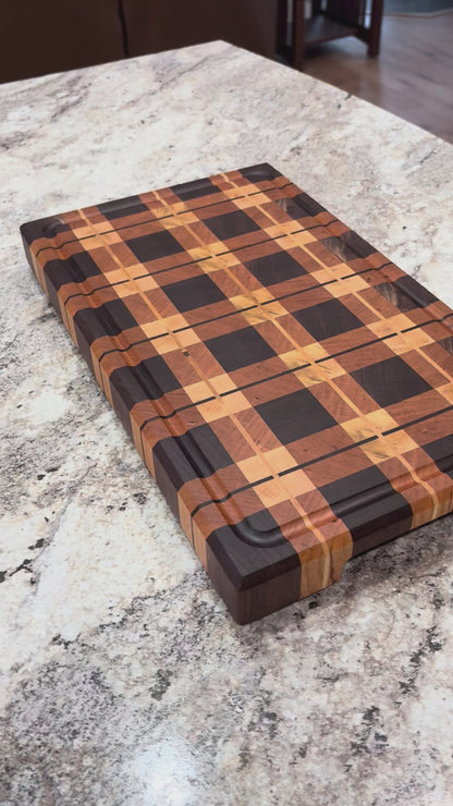 WALNUT, CHERRY AND MAPLE PLAID END GRAIN CUTTING BOARD